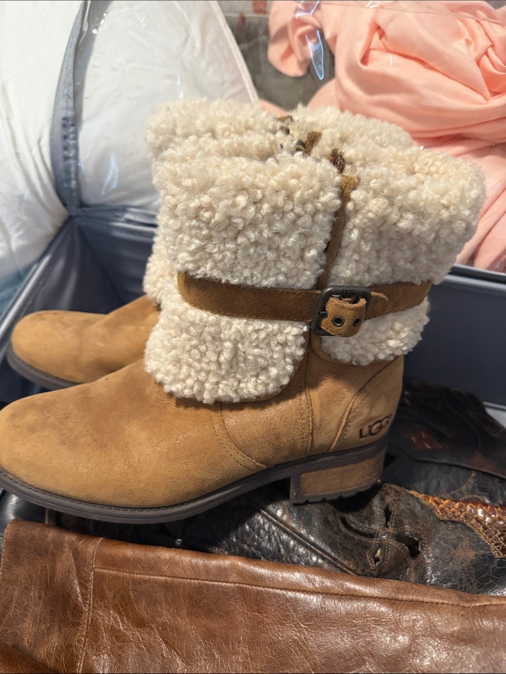 UGG Chestnut Suede Shearling Cuff Ankle Boots